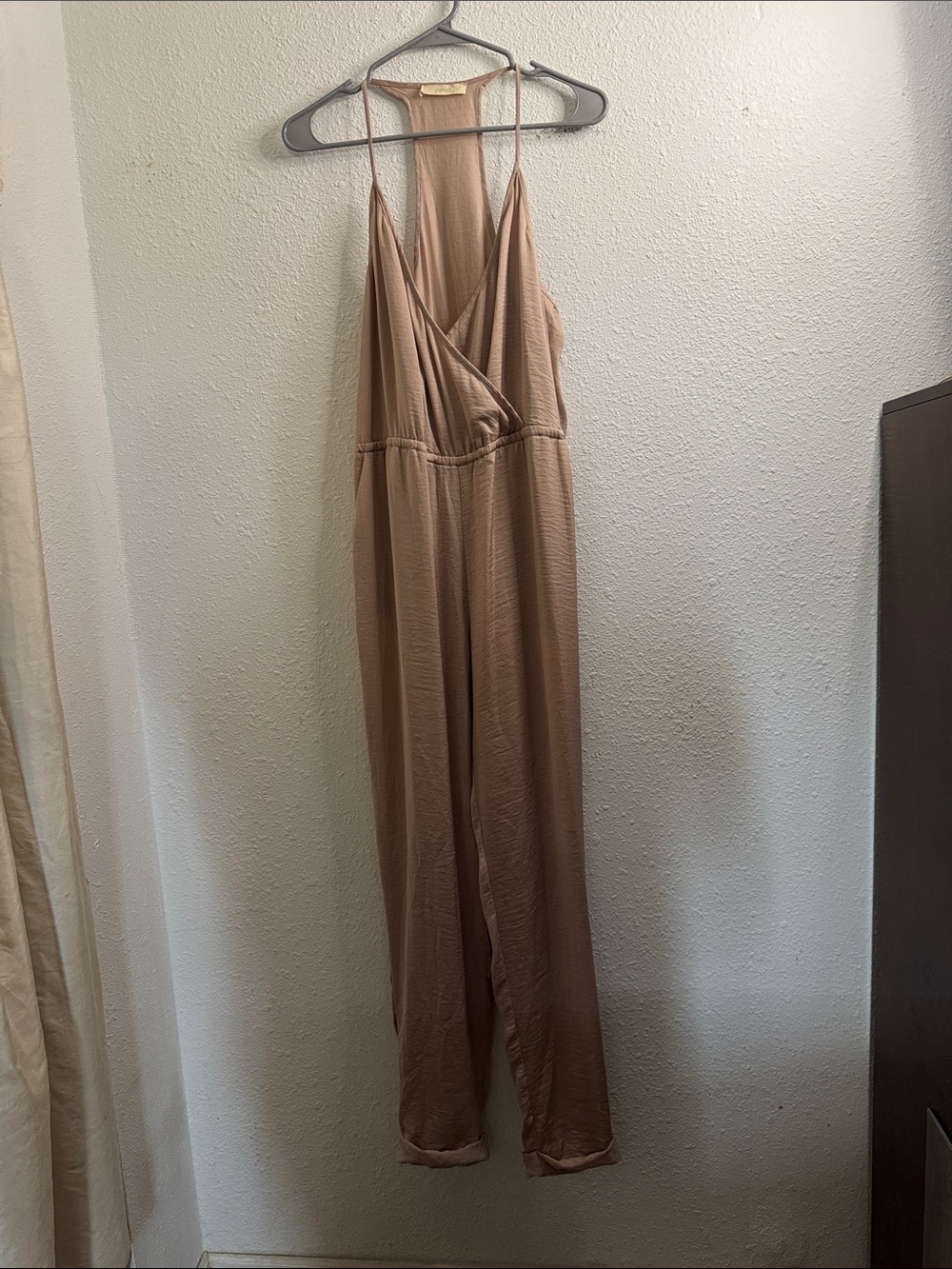 Spaghetti strap V-Neck Wide-Leg Jumpsuit - Taupe with Pockets